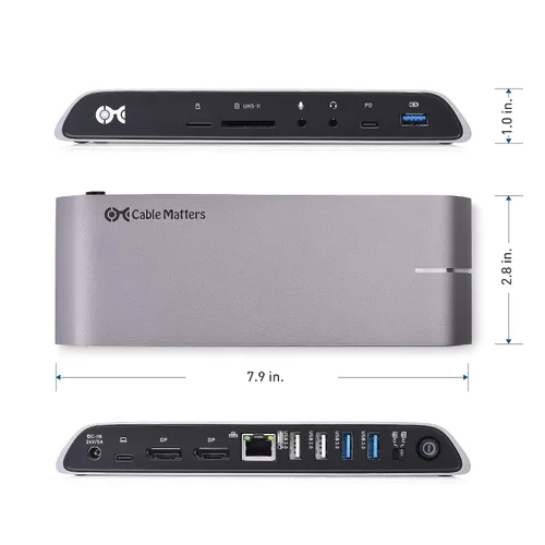 Vista 6 de Cable Matters - Base USB C para Windows, DisplayPort dual 4K, carga de 80 W Ranura para tarjeta SD, Gigabit Ethernet, puertos USBA/USBC de 10Gbps