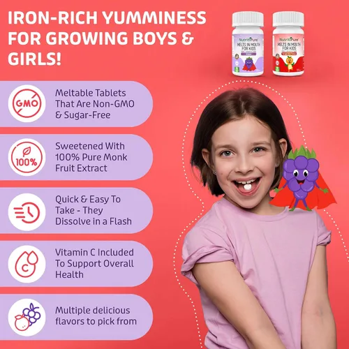 Vista 2 de Suplemento de hierro masticable para niños, hierro carbonílico Ferronyl® 9 mg, vitamina C 30 mg, sabor a uva, 90 tabletas (2 botellas)