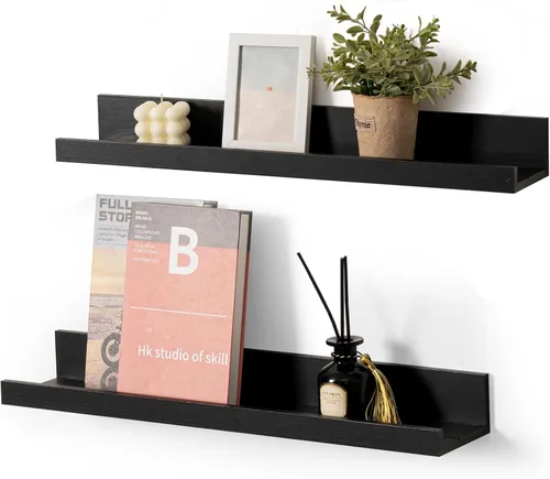 Vista 29 de Muzilife Estantes Flotantes de Pared Pequeños de 12" con Borde - Juego de 2 Estantes Flotantes de Madera - Repisa Negra Montada en Pared