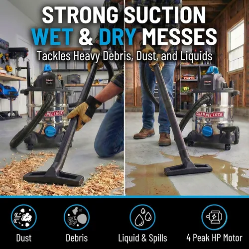 Vista 3 de Channellock Wet/Dry Vac 8L04001S - Acero inoxidable, 4.0 HP, Shopvac, Wetvac - 8 Gal