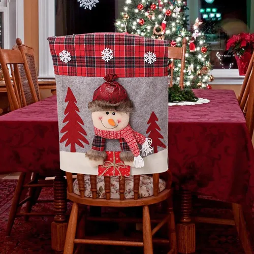 Vista 4 de Protector de cubierta trasera para silla de comedor de Papá Noel y renos navideños, adornos para decoración de interiores de Navidad, fiestas Muñeco