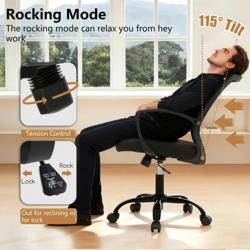 Vista 6 de PayLessHere Silla de oficina, silla de escritorio, silla de computadora, silla ergonómica, malla ejecutiva ajustable, respaldo medio con ruedas Negro
