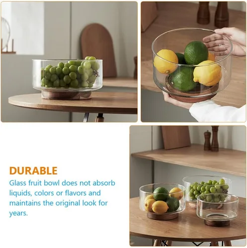 Vista 5 de Ipetboom Decoración del hogar, cuenco de frutas de vidrio con base de madera, cuenco de ensalada de cocina, tazón de mezcla de salsa, plato