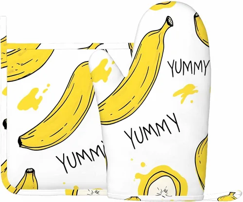 Vista 2 de Mxocom Juego de manoplas de horno y soportes para ollas de plátano con rodajas, de silicona, resistentes al calor, para horno de cocina, soporte