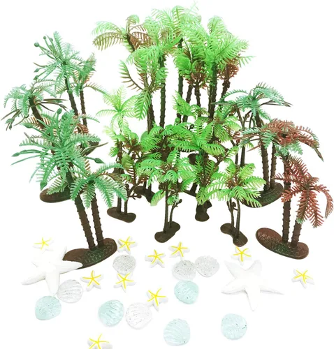 Vista 2 de 42 piezas de palmera de coco, 20 piezas de mini palmeras artificiales de plástico, 22 piezas de concha y estrellas de mar para decoración