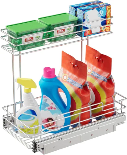 Vista 11 de Organizador de gabinete extraíble de 2 niveles para debajo del fregadero, cesta de estante de alambre deslizante para gabinetes de base de cocina, 9
