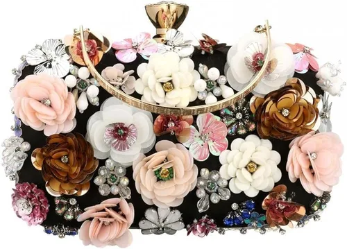 Vista 2 de Bolso de noche floral para mujer, bolso de mano con cuentas de flores con correa de cadena, bolsa de hombro para fiesta formal y boda