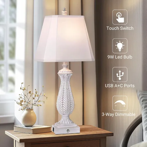 Vista 5 de Juego de 2 lámparas de mesa regulables de 3 vías para dormitorio, lámparas táctiles de 30 pulgadas de alto para sala de estar con puertos USB y tipo