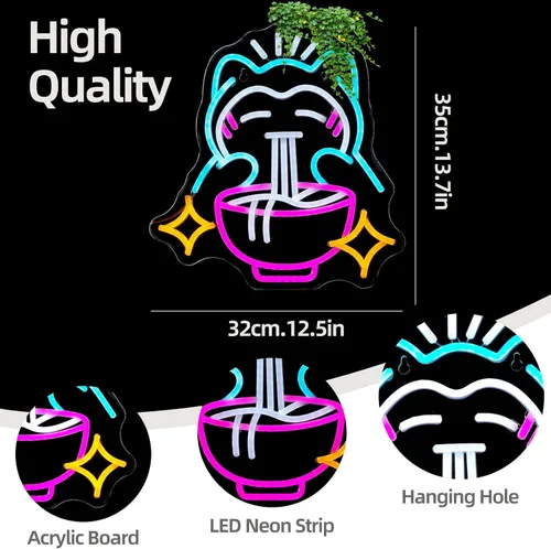 Vista 2 de Ramen - Letrero de neón con diseño de fideos de oso lindo para decoración de pared, LED regulable, decoración de pared japonesa, luz de neón