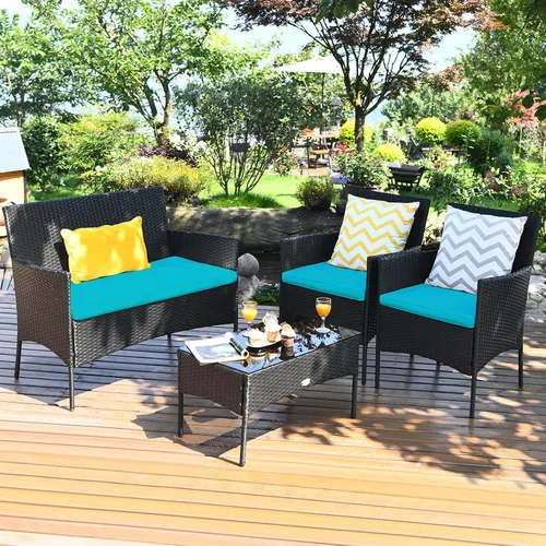 Vista 12 de Tangkula Juego de muebles de patio de 4 piezas, juego de conversación de mimbre para exteriores con mesa de centro de vidrio templado, sofá biplaza