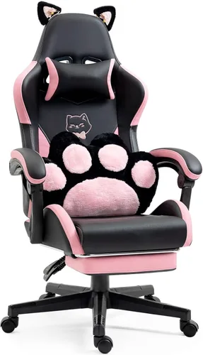 Vista 7 de Silla ergonómica de cuero para juegos con reposapiés, cómoda silla de juegos beige con cómodo reposacabezas y soporte lumbar para adultos, niños