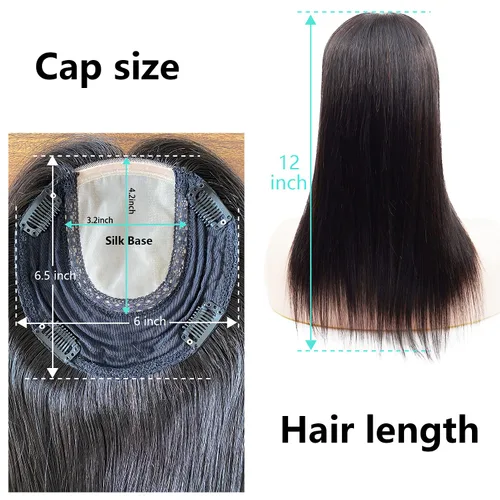 Vista 5 de Toppers de cabello humano para mujer, base plateada de 12 pulgadas, 6 x 6.5 pulgadas con trama para mujeres con pérdida de cabello, cabello delgado
