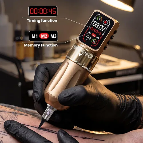 Vista 7 de Kit de pistola de tatuaje inalámbrico de agujero de gusano con batería dual Dorado (Gold 2)