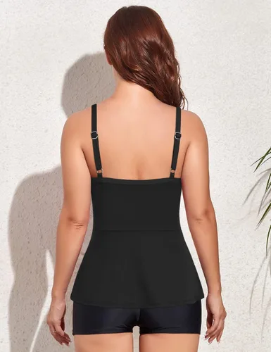 Vista 3 de Hilor Tankini envolvente para mujer, con control de abdomen, fruncido, con cuello en V, para nadar