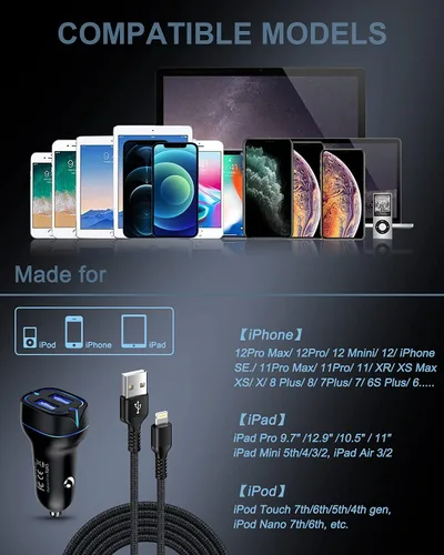 Vista 7 de Cargador de teléfono de coche Cable Lightning Cargador de carga rápida para iPhone 14 13 Apple Lightening Wire 6FT+4.8A Dual Port USB Cigarette