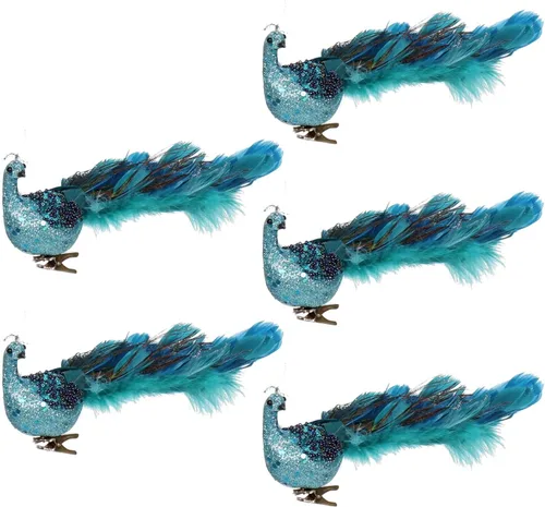 Vista 13 de Adornos de Navidad 2023, plumas de pavo real, pavo real con adorno de purpurina con clip, decoraciones de pájaros falsos para árboles de Navidad