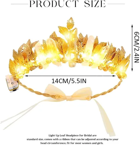 Vista 2 de Yean Diadema con luces LED doradas, corona y hojas de hadas, para mujer