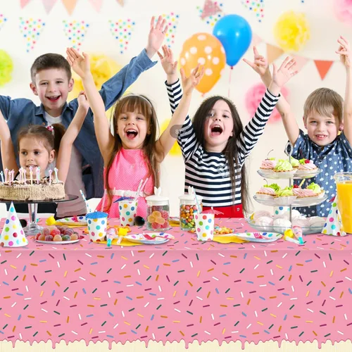 Vista 6 de 3 Piezas Mantel de Donas con Chispitas, Mantel de Mesa de Helado Rosa, Cubiertas de Mesa Rectangulares de Plástico Desechable para Niña Bebé Dulce