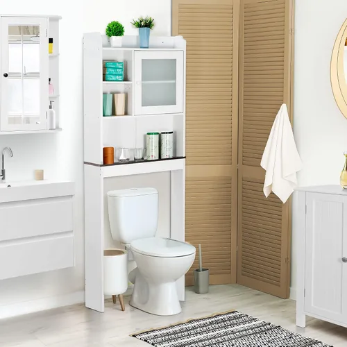 Vista 4 de SUPER DEAL - Mueble de baño de madera con estantes ajustables, uso sobre el inodoro Blanco