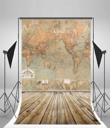 Vista 4 de AOFOTO Mapa del mundo vintage de 3 x 5 pies, fondos nostálgicos, fondos artísticos, pisos de madera retro, adultos, niños, niños, niños, bebés