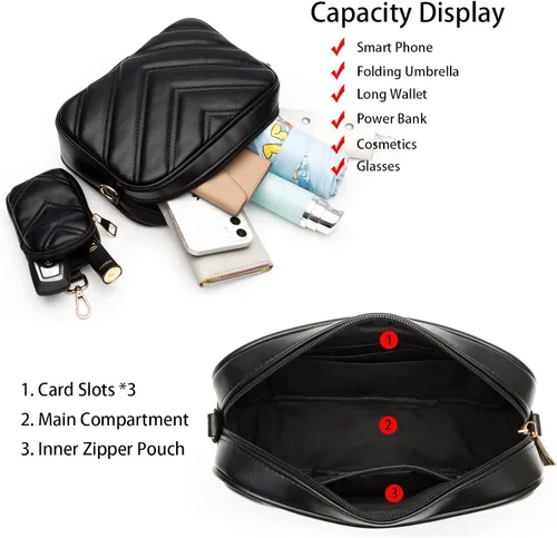 Vista 5 de Herald Chevron - Bolso cruzado pequeño acolchado con monedero para mujer cuadrado con cámara de fotos hombro lateral 2 tamaños