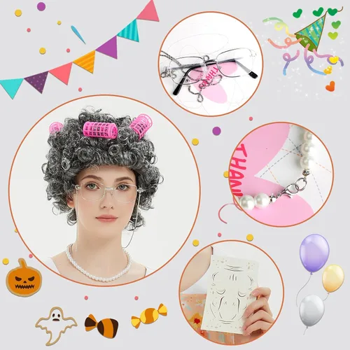 Vista 7 de Old Lady Costume for Women Kids,8Pcs Grandma Cosplay Set for 100th Day of School Granny Costumes Halloween Accessories