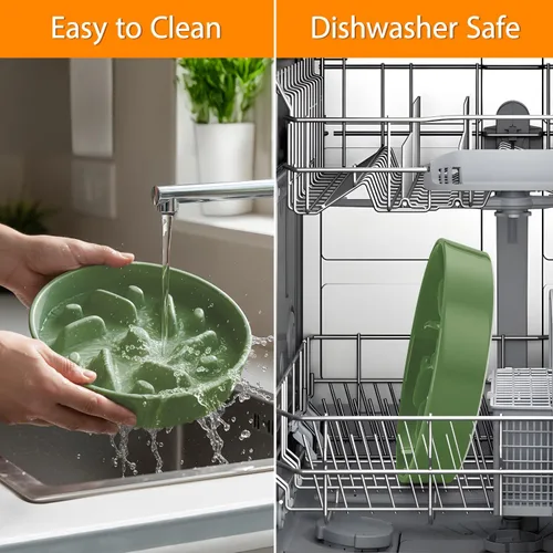 Vista 7 de Cuenco de cerámica para perros de alimentación lenta, 2 tazas de plato de Laberinto - Verde
