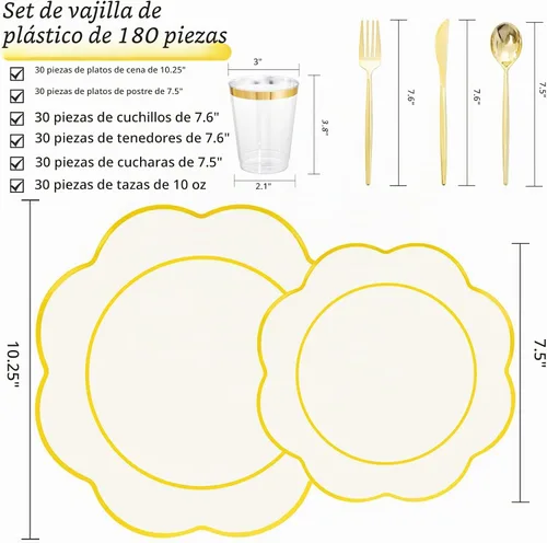 Vista 9 de ejonirinjonir - 180 platos elegantes de plástico de color marfil con borde dorado doble para bailes de graduación Beige Plates and Scalloped