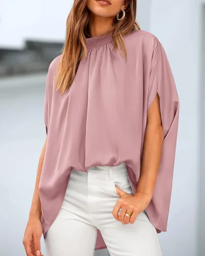 Vista 56 de BTFBM Blusas de verano para mujer, cuello alto falso, manga murciélago, holgadas, dobladillo alto y bajo, blusas informales de gran