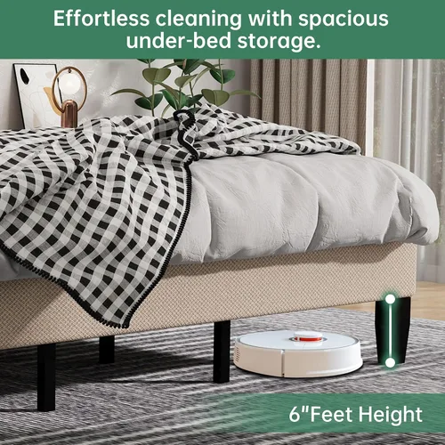 Vista 4 de Base de cama tamaño King con cabecero, cama de plataforma de lino con cabecera tapizada suave de altura ajustable, 10 piezas de soporte de listones