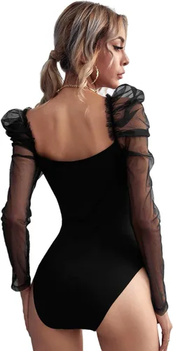 Vista 2 de Romwe Body de manga larga con cuello cuadrado y cuello cuadrado para mujer
