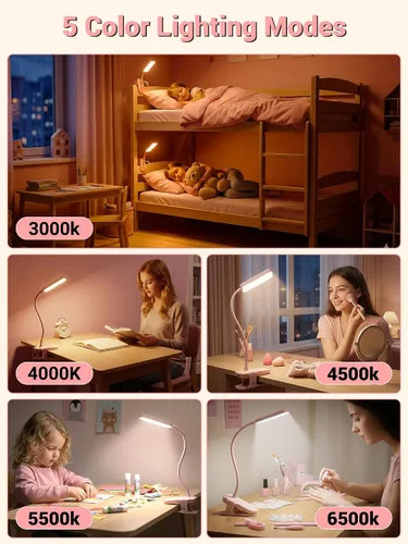 Vista 3 de Lámpara de escritorio rosa linda luz de lectura, 45 modos de luz regulable con clip con batería de 4000 mAh, lámpara de escritorio recargable de 450