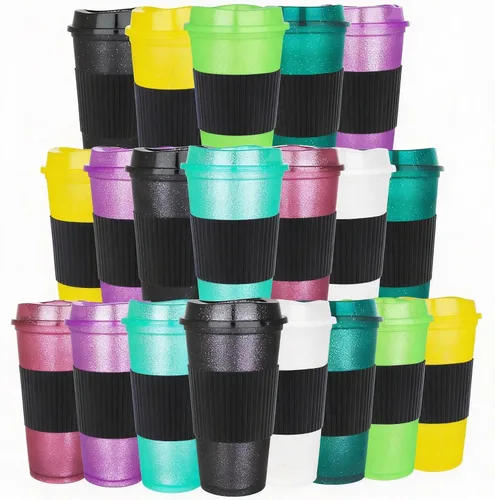 Vista 7 de Paquete de 20 tazas de café reutilizables con tapas, vasos de plástico de 16 onzas, taza de viaje para café helado para adultos y mujeres, bebidas