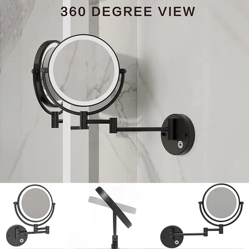 Vista 6 de Espejo de maquillaje LED con luces y aumento de 10x, espejo de tocador montado en la pared, redondo, de doble cara, con brazo extensible giratorio