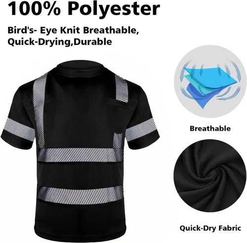 Vista 4 de VENDACE Camisas de seguridad para hombre, paquete de 3 camisetas de trabajo de manga corta reflectantes de alta visibilidad para hombre, color negro