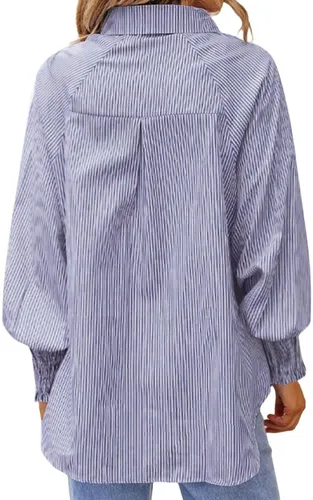 Vista 2 de OPOIPIN Blusa de manga larga con botones y bolsillo para mujer, con estampado a rayas