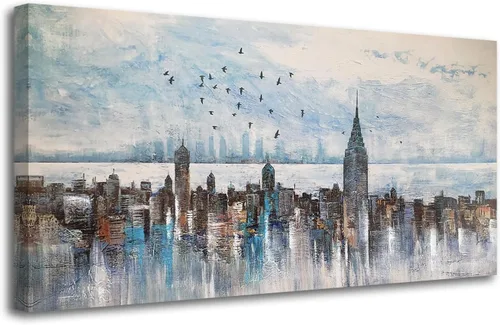 Vista 17 de Arjun Pintura de Paisaje Puesta de Sol Montaña Lago Arte de Pared en Lienzo con Textura Enmarcado Grande 40"x20"- Impresiones de Cuadros Serenos