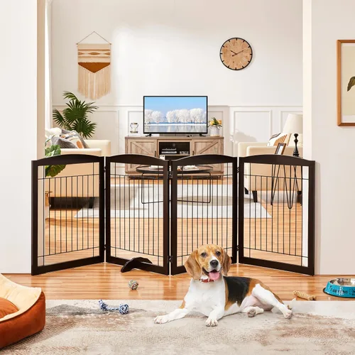 Vista 2 de Yaheetech Puerta extra ancha independiente para perros, valla plegable para cachorros con pies de apoyo adecuada para puertas, escaleras, 98 Espresso