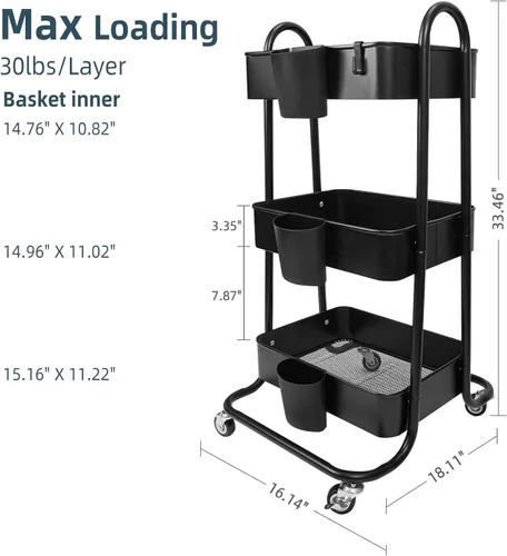 Vista 3 de Carrito utilitario de metal de 3 niveles, carritos de almacenamiento con asa y ruedas con cerradura, organizador de carrito de arte, carrito