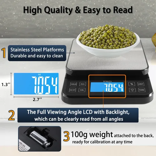 Vista 6 de BOMATA Báscula de cocina grande con alta precisión de 0.1 g/0.001 oz, báscula de panadería de 5 kg/11 lb con % de función de porcentaje, recargable