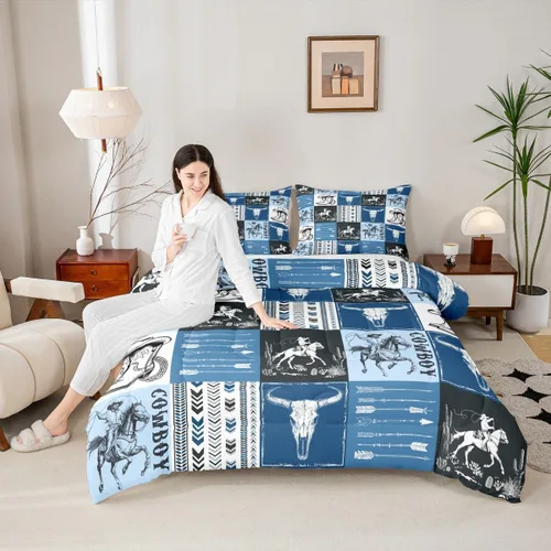 Vista 49 de Manfei Juego de edredón de vaquero occidental tamaño individual, juego de ropa de cama con estampado de calavera de toro, caballo y flecha, 2 piezas