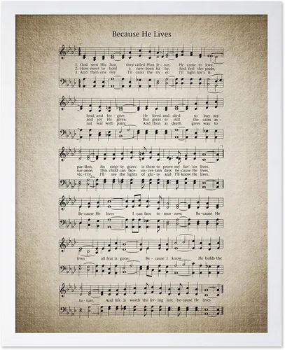 Vista 30 de Monem Art - Póster de partitura de música vintage, impresión de himno retro, regalo para músico, amigo, porque él vive, himno, verso, inspirador