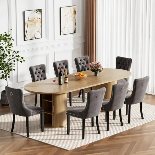 Vista 17 de Mesa de comedor redonda extensible de 94 pulgadas con base de almacenamiento, mesa de comedor expandible natural para 10, mesa de comedor de madera