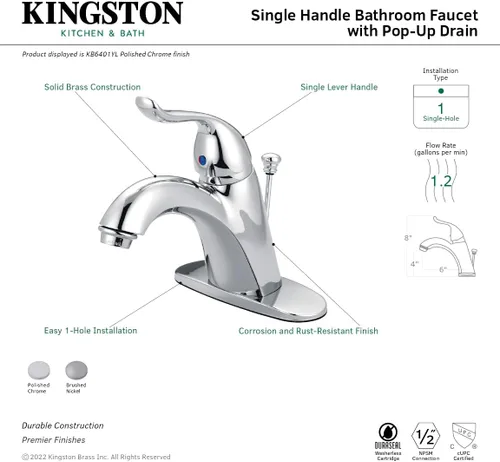 Vista 10 de Kingston KB6408YL - Grifo de baño de un solo orificio, níquel cepillado cepillado níquel