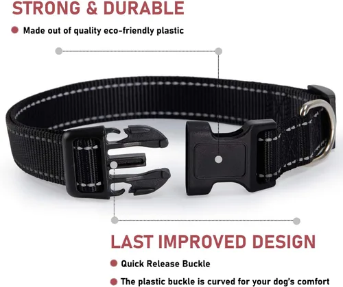 Vista 2 de Collar reflectante para perros con hebilla, collares de nailon ajustables de seguridad para perros pequeños, medianos y grandes, color negro XXS