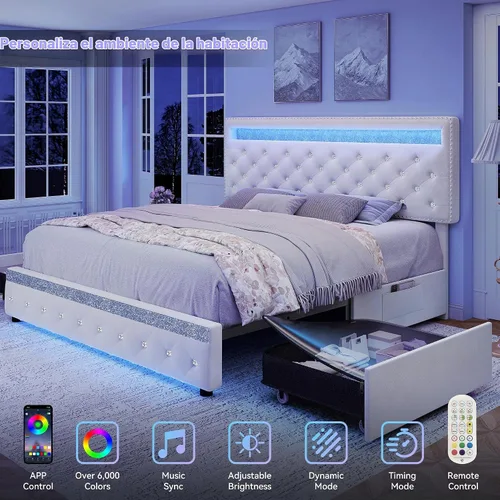 Vista 3 de Torana Marco de cama LED completo con cabecero y cajones ajustables, terciopelo crema Beige