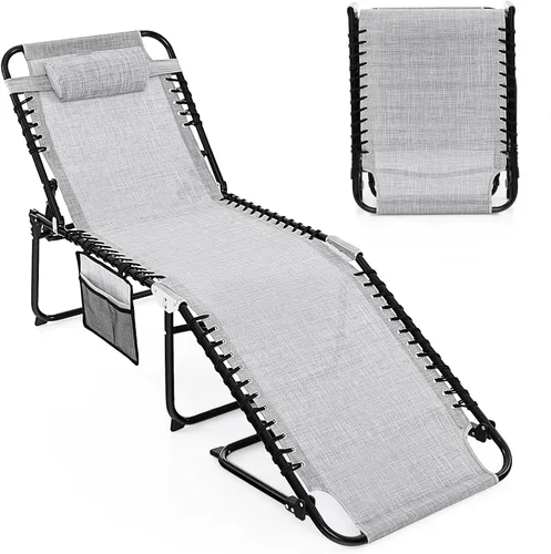 Vista 17 de Goplus Tumbona para exteriores, silla plegable de 5 posiciones para playa, con almohada desmontable, bolsillo lateral, tumbona para tomar el sol