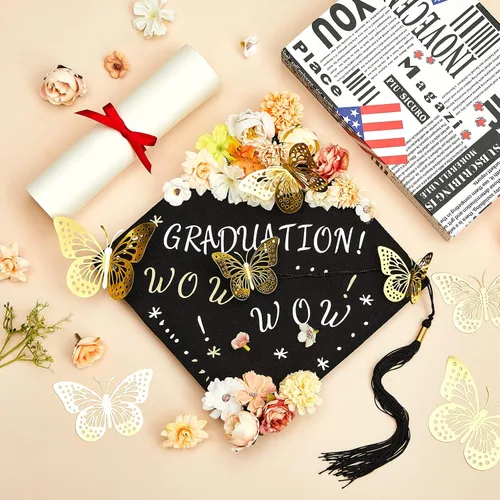 Vista 6 de Hanaive Kit de decoración de 76 piezas de birrete de graduación, incluye flores sintéticas 3D mariposa alfabeto letras calcomanías para graduación