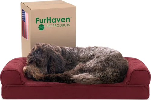 Vista 19 de Furhaven Sofá cama ortopédico para perro, sofá de espuma viscoelástica con refuerzos, felpa texturizada y funda resistente al agua, funda lavable