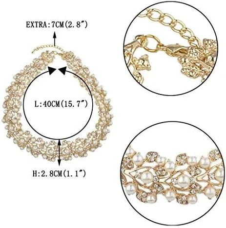 Vista 4 de EVER FAITH Austrian Crystal Bridal Cream Simulated Pearl Leaf Luxury Necklace Earrings Bracelet Set